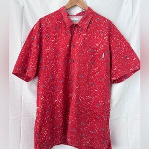 Columbia Men's Red Fishing shirt with colorful fish pattern